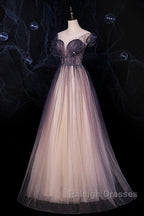 Charming Tulle Gradient Cap Sleeves Long Party Dress, A-Line Evening Gown