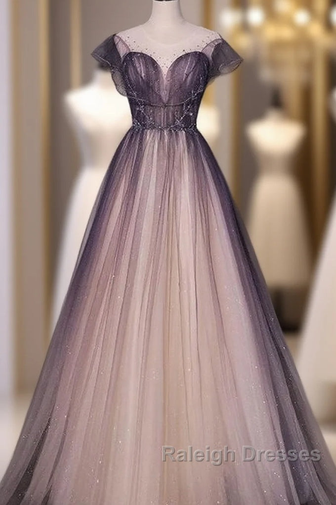 Charming Tulle Gradient Cap Sleeves Long Party Dress, A-Line Evening Gown