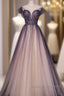 Charming Tulle Gradient Cap Sleeves Long Party Dress, A-Line Evening Gown