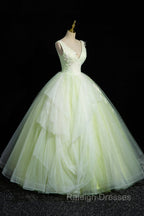Charming Tulle Lace Green Prom Dresses, V-Neck Sleeveless Floor-Length Formal Evening Dresses