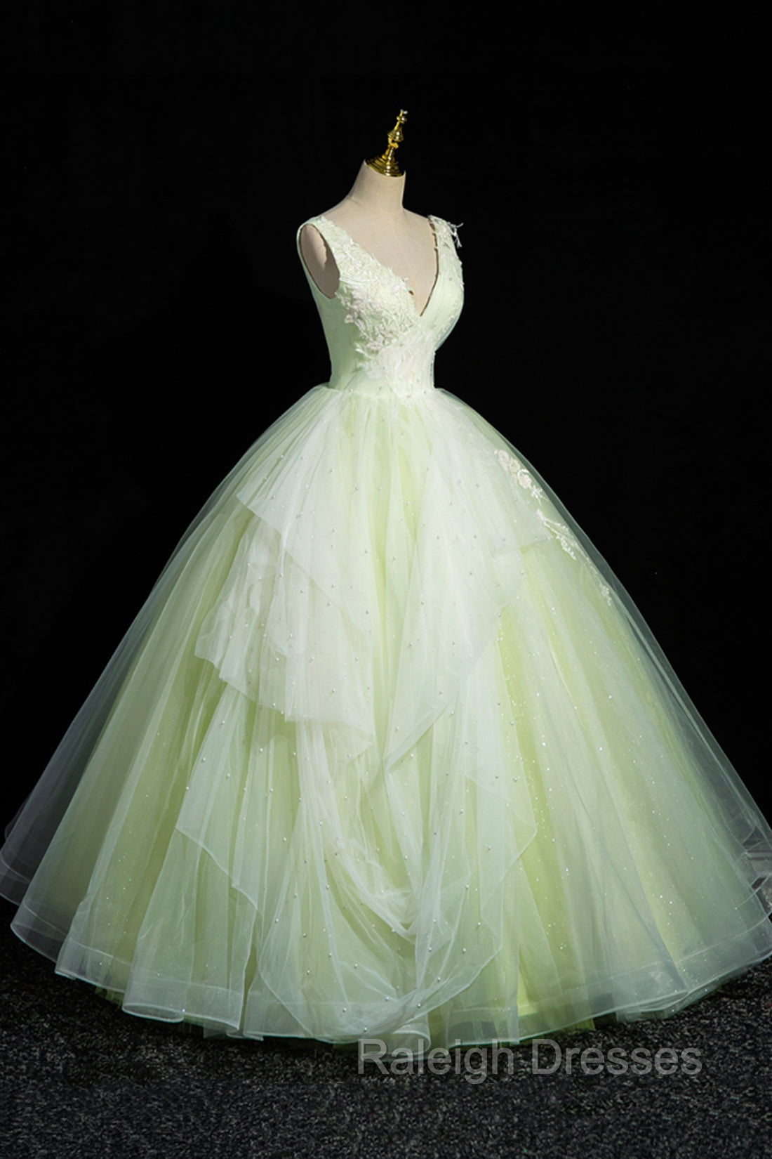 Charming Tulle Lace Green Prom Dresses, V-Neck Sleeveless Floor-Length Formal Evening Dresses