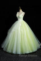 Charming Tulle Lace Green Prom Dresses, V-Neck Sleeveless Floor-Length Formal Evening Dresses