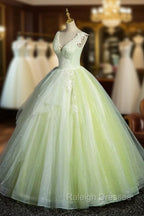 Charming Tulle Lace Green Prom Dresses, V-Neck Sleeveless Floor-Length Formal Evening Dresses
