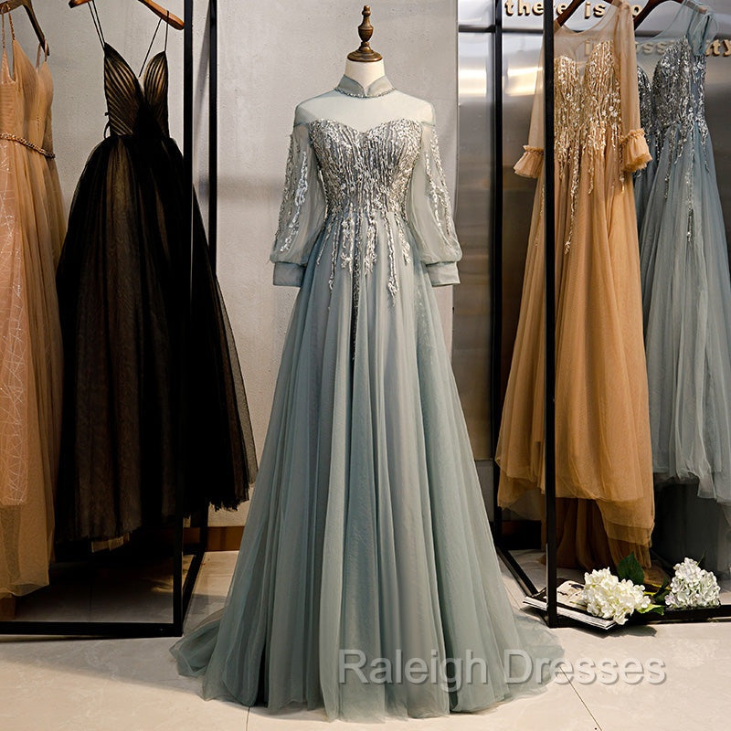 Charming Tulle Long Sleeves Beaded and Lace Long Party Dress, A-line Tulle Formal Gown Secondary image