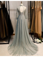 Charming Tulle Long Sleeves Beaded and Lace Long Prom Dress, A Line Tulle Formal Gowns