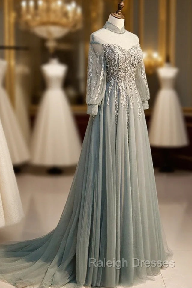 Charming Tulle Long Sleeves Beaded and Lace Long Prom Dress, A Line Tulle Formal Gowns