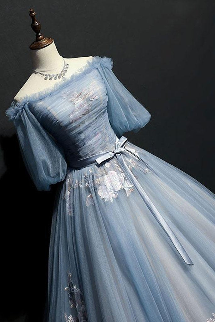 Charming Tulle Puffy Sleeves Long Prom Gowns Prom Dresses