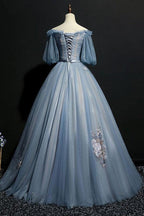 Charming Tulle Puffy Sleeves Long Prom Gowns Prom Dresses