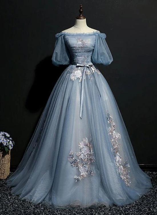 Charming Tulle Puffy Sleeves Long Prom Gowns Prom Dresses