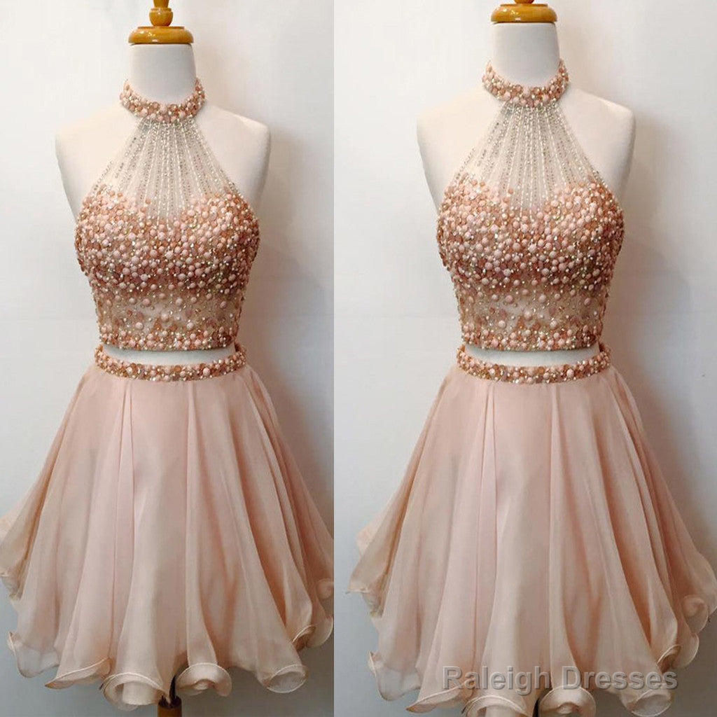 Charming Two Pieces Bare-Midriff Rhinestones Sparkly Halter Pink Cute Homecoming Dresses Main image