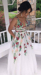 Charming V Neck A-Line Prom Dresses With Embroidery Open Back Prom Dresses