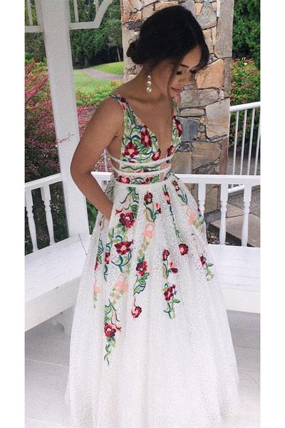 Charming V Neck A-Line Prom Dresses With Embroidery Open Back Prom Dresses