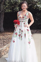 Charming V Neck A-Line Prom Dresses With Embroidery Open Back Prom Dresses