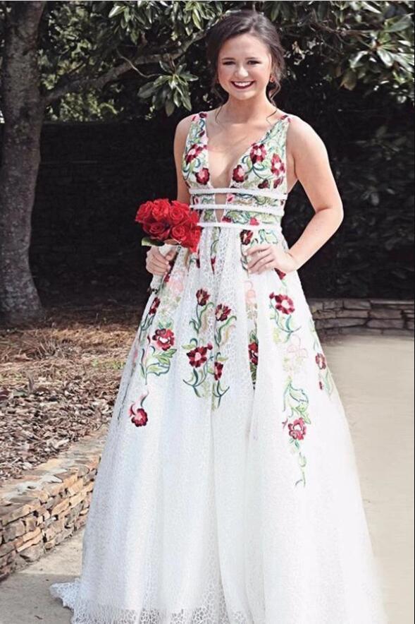 Charming V Neck A-Line Prom Dresses With Embroidery Open Back Prom Dresses