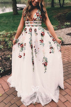 Charming V Neck A-Line Prom Dresses With Embroidery Open Back Prom Dresses