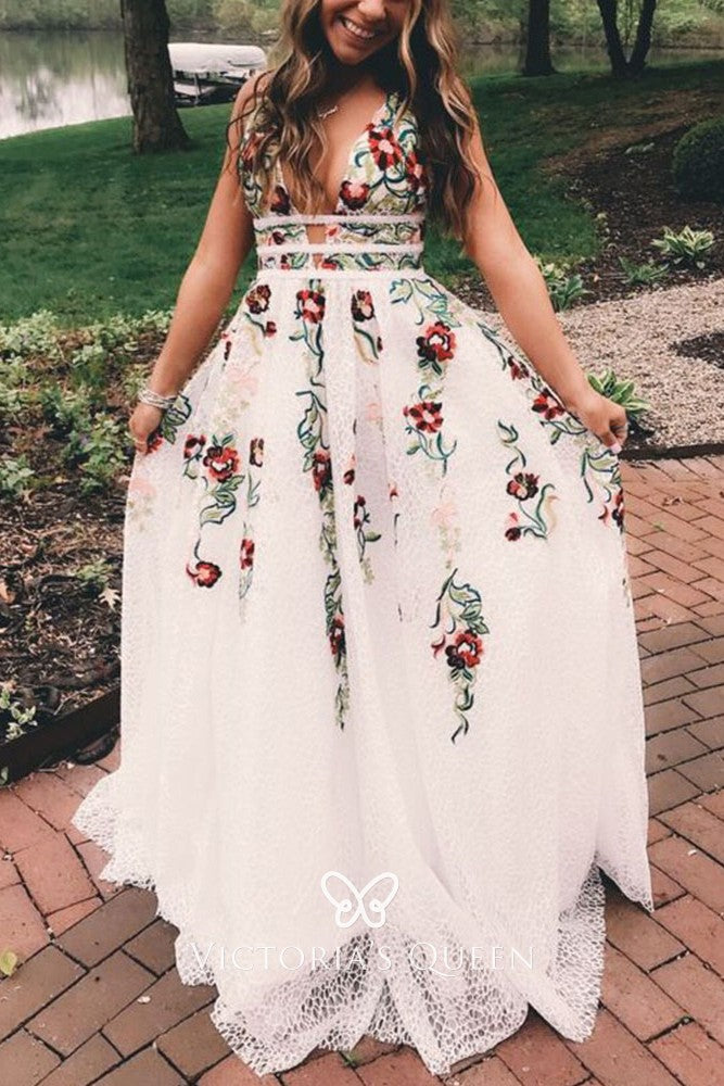 Charming V Neck A-Line Prom Dresses With Embroidery Open Back Prom Dresses