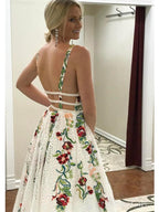 Charming V Neck A-Line Prom Dresses With Embroidery Open Back Prom Dresses