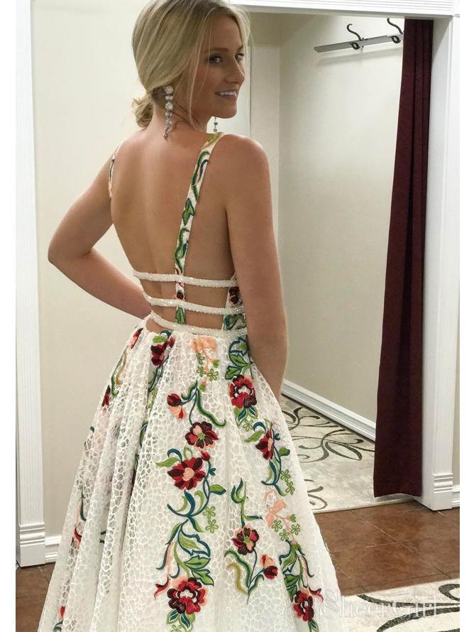 Charming V Neck A-Line Prom Dresses With Embroidery Open Back Prom Dresses