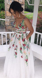 Charming V Neck A-Line Prom Dresses With Embroidery Open Back Prom Dresses