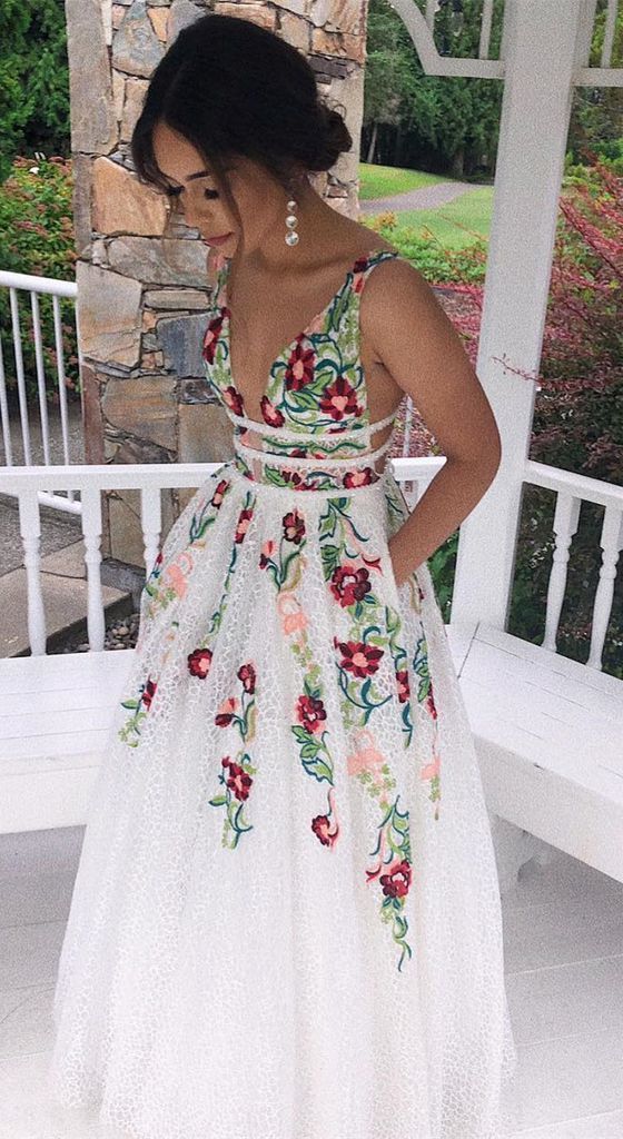 Charming V Neck A-Line Prom Dresses With Embroidery Open Back Prom Dresses