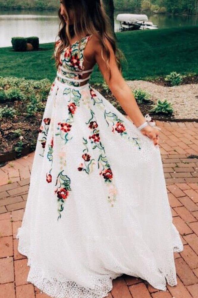 Charming V Neck A-Line Prom Dresses With Embroidery Open Back Prom Dresses