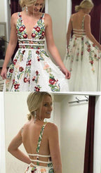 Charming V Neck A-Line Prom Dresses With Embroidery Open Back Prom Dresses