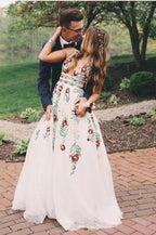 Charming V Neck A-Line Prom Dresses With Embroidery Open Back Prom Dresses