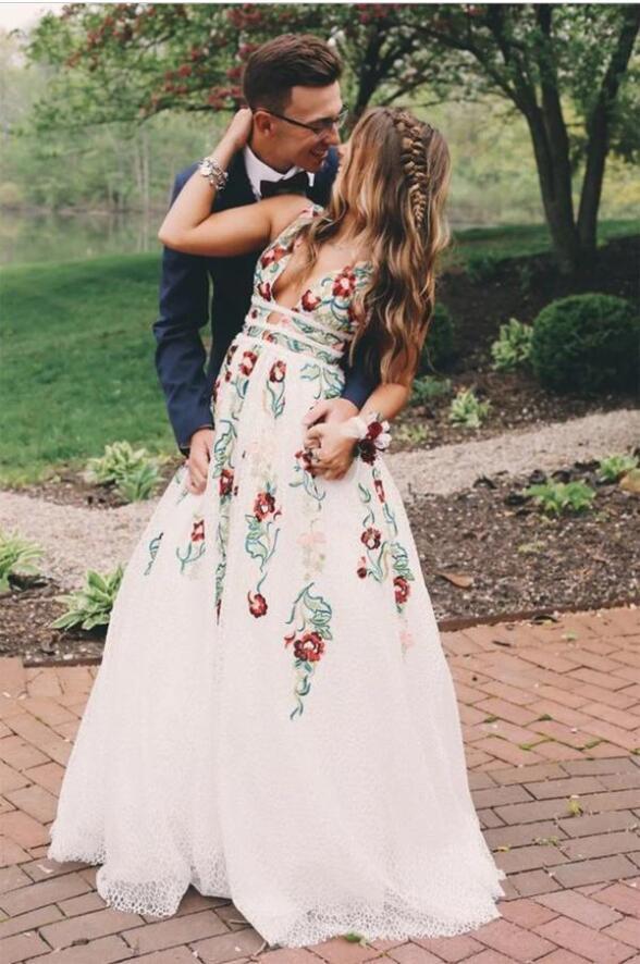 Charming V Neck A-Line Prom Dresses With Embroidery Open Back Prom Dresses
