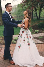 Charming V Neck Floral Embroidery Long Lace Prom Dresses With Pocket