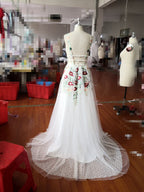 Charming V Neck Floral Embroidery Long Lace Prom Dresses With Pocket