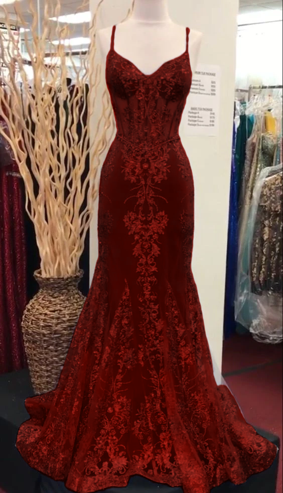 Charming V Neck Lace Mermaid Prom Dresses Long Prom Dresses