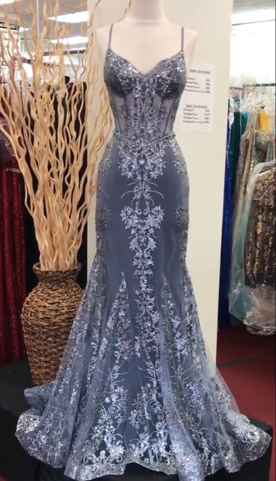 Charming V Neck Lace Mermaid Prom Dresses Long Prom Dresses Main image