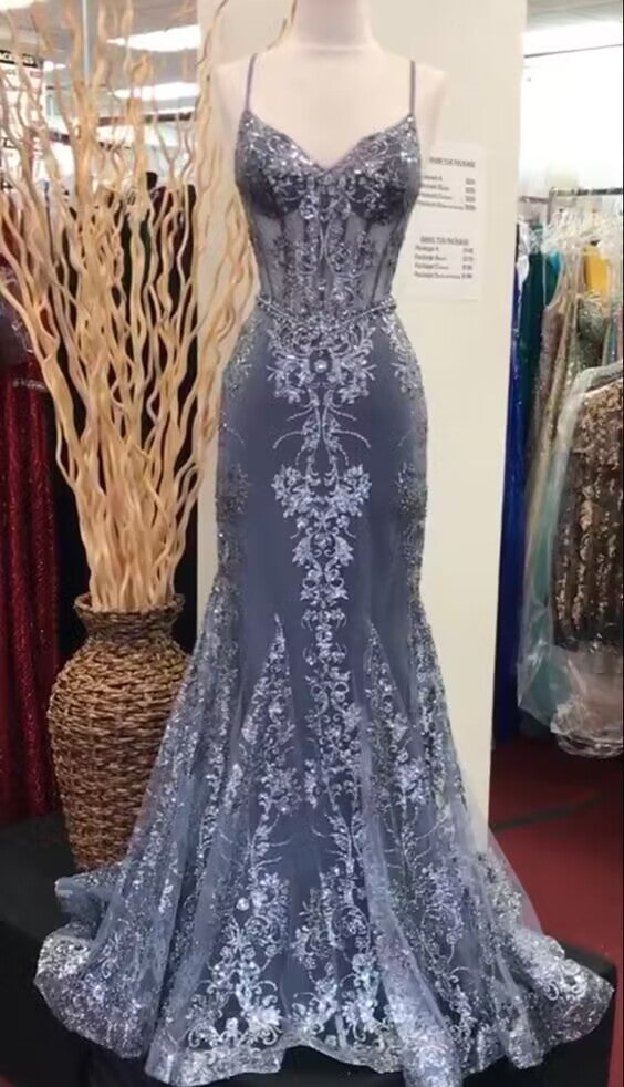 Charming V Neck Lace Mermaid Prom Dresses Long Prom Dresses