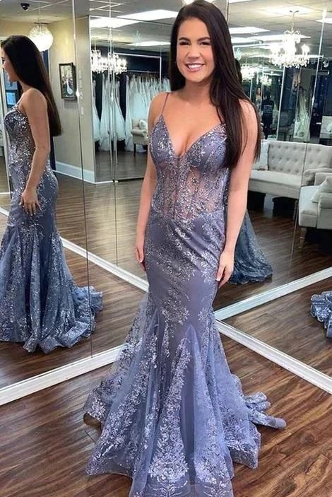 Charming V Neck Lace Mermaid Prom Dresses Long Prom Dresses