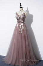 Charming V-neckline Flowers Dark Pink Prom Gown, Long Formal Dress