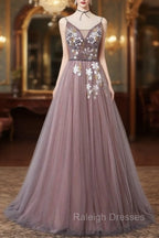 Charming V Neckline Flowers Dark Pink Prom Gowns, Long Formal Dress