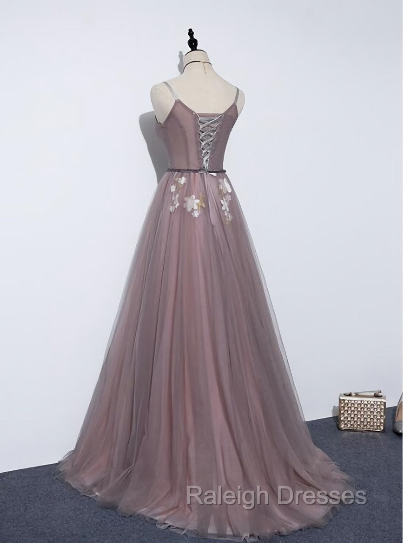 Charming V Neckline Flowers Dark Pink Prom Gowns, Long Formal Dress