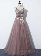 Charming V Neckline Flowers Dark Pink Prom Gowns, Long Formal Dress