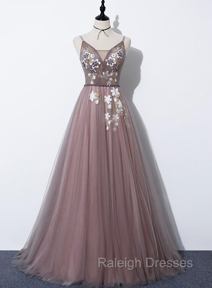Charming V Neckline Flowers Dark Pink Prom Gowns, Long Formal Dress