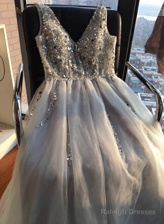 Charming V Neckline Grey A Line Prom Dress With Beaded, Sexy Long Prom Dresses Secondary image