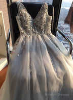 Charming V Neckline Grey A Line Prom Dress With Beaded, Sexy Long Prom Dresses