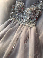 Charming V Neckline Grey A Line Prom Dress With Beaded, Sexy Long Prom Dresses