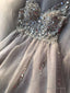 Charming V Neckline Grey A Line Prom Dress With Beaded, Sexy Long Prom Dresses