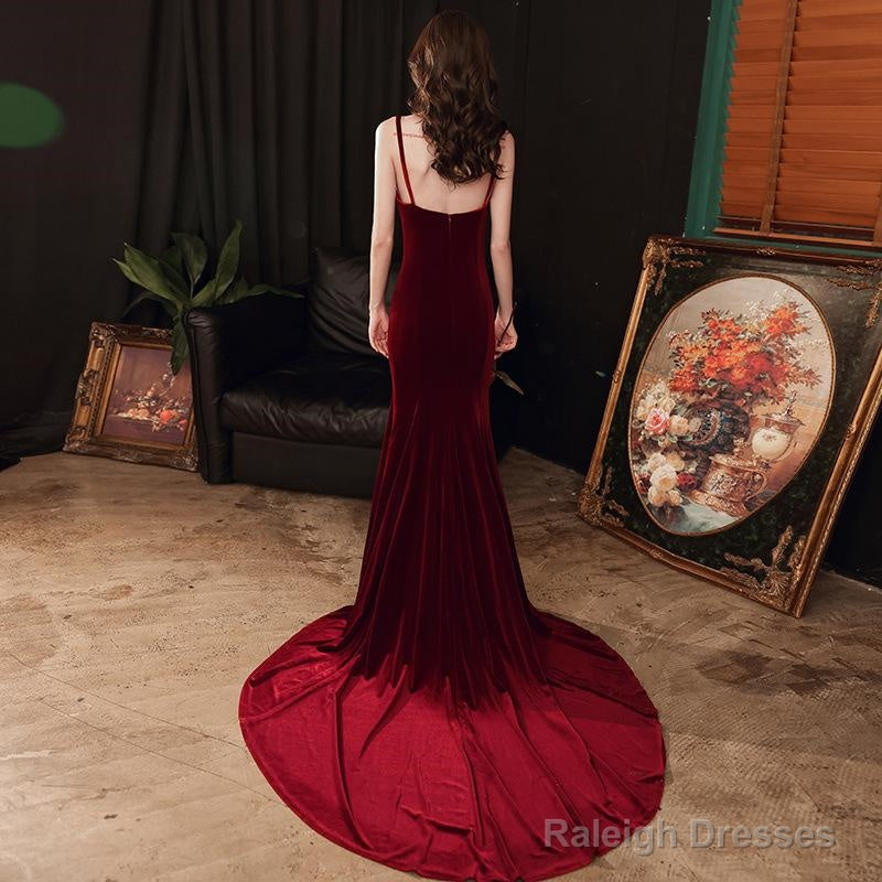 Charming V-Neckline Mermaid Velvet Evening Gown Wedding Party Dress, Dark Red Long Prom Dress Secondary image
