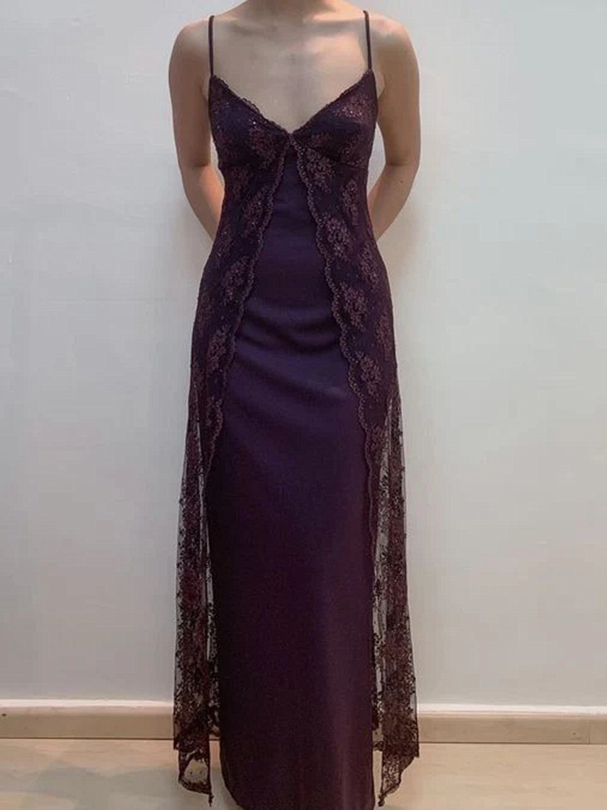 Charming V-Neckline Purple Lace Straps A-Line Prom Dresses Purple Long Prom Dresses