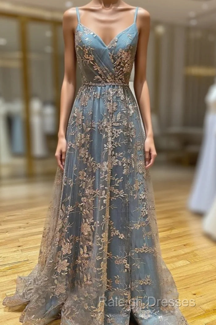 Charming V-Necklinetulle Sequins Long Prom Dress, V-Neck Backless Formal Dress