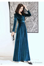 Charming Velvet V-Neckline Simple Long Bridesmaid Dresses Long Sleeves A-Line Prom Dresses