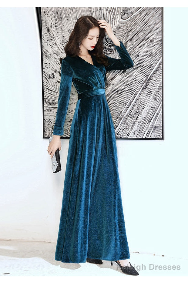 Charming Velvet V-Neckline Simple Long Bridesmaid Dresses Long Sleeves A-Line Prom Dresses