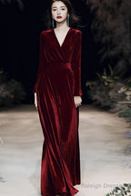 Charming Velvet V-Neckline Simple Long Bridesmaid Dress, Long Sleeves A-Line Party Dress