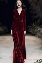 Charming Velvet V-Neckline Simple Long Bridesmaid Dresses Long Sleeves A-Line Prom Dresses